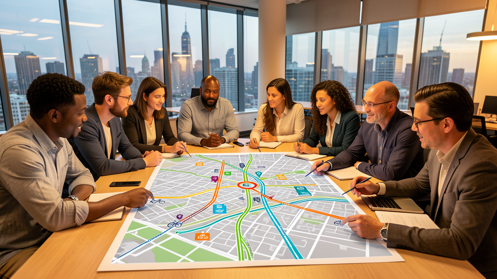 Equipo de planificación urbana analizando un mapa